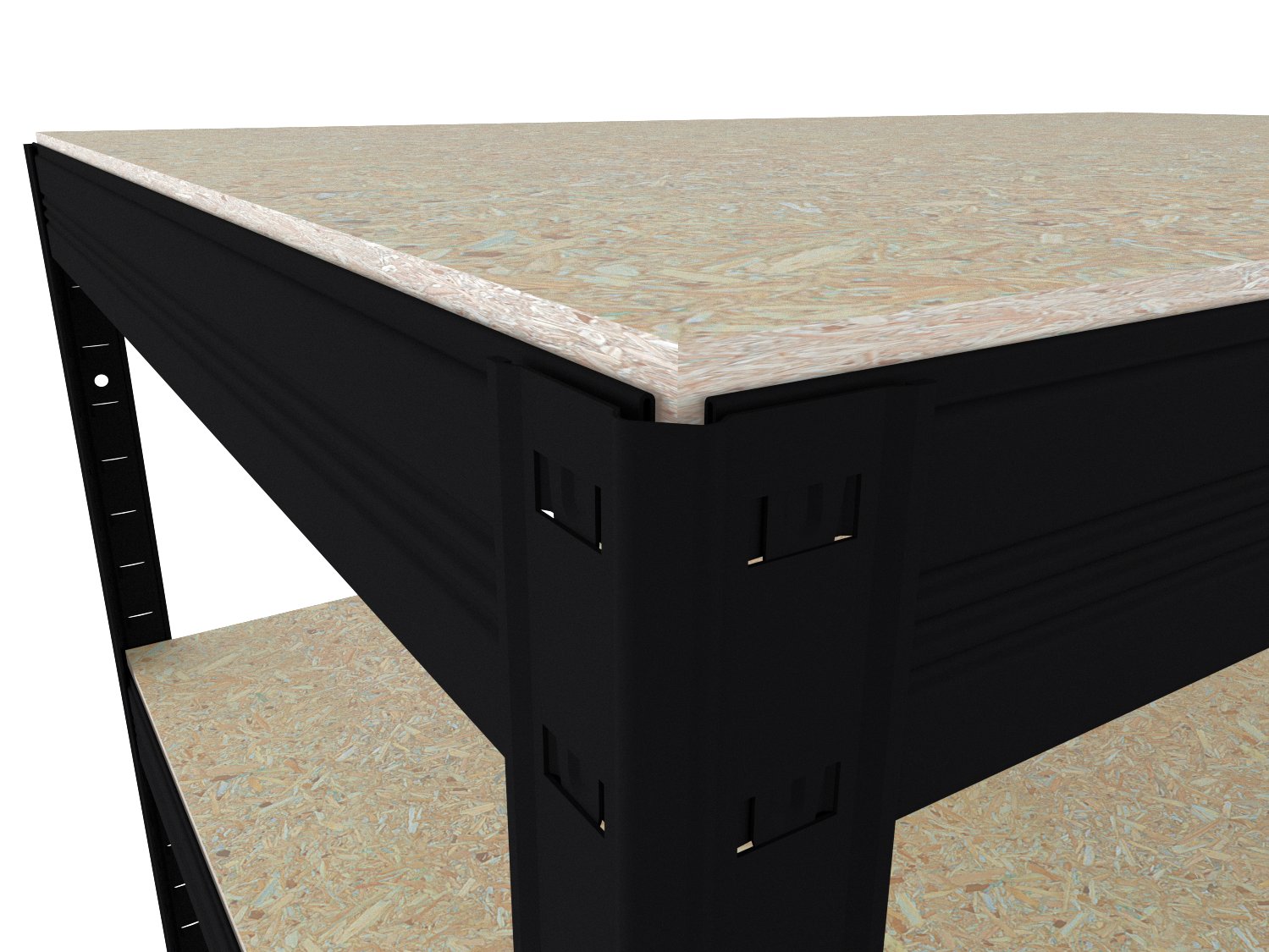 Boční pohled na kovový regál s OSB deskami